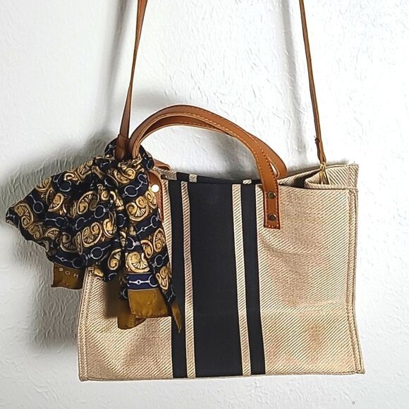 Khaki Purse w/Navy Blue Stripes, Scarf is Gold/Navy, Camel Straps/Handles NWOT - Picture 1 of 10